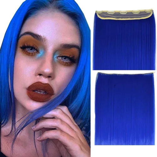 Vista 13 de iLUU Extensiones de cabello sintético con clip, de 24 pulgadas, 4.23 oz, extensiones de cabello natural lacio, color rosa y rojo, 5 extensiones