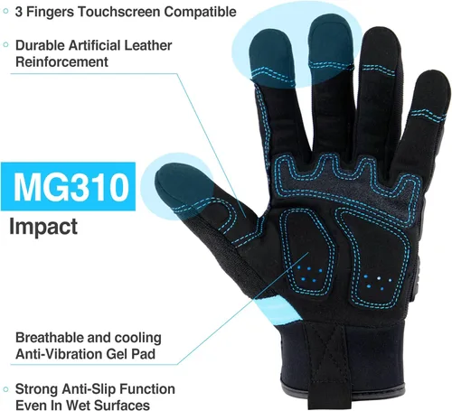Vista 4 de DEX FIT Guantes de trabajo MG310 Impact, duraderos, agarre de alta resistencia, antivibración, absorción de impactos, ajuste cómodo, compatible