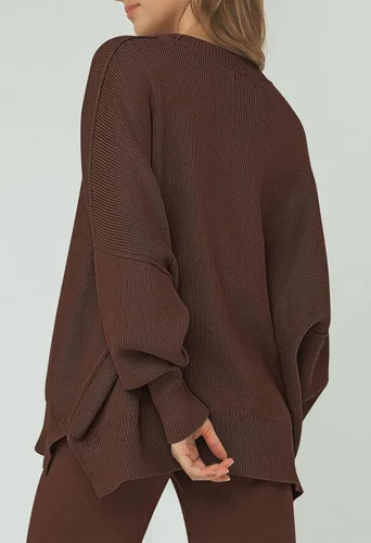 Vista 7 de Pink Queen Conjunto de 2 piezas para mujer, suéter de punto sin botones y pantalones de pierna ancha, conjunto de chándal suelto