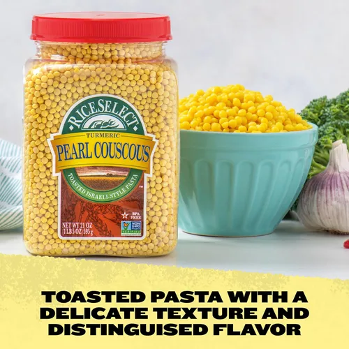 Vista 3 de RiceSelect Cuscús Perla con Cúrcuma, Pasta de Cuscús de Trigo Estilo Israelí, Sin GMO, Frasco de 21 onzas, (Paquete de 1)