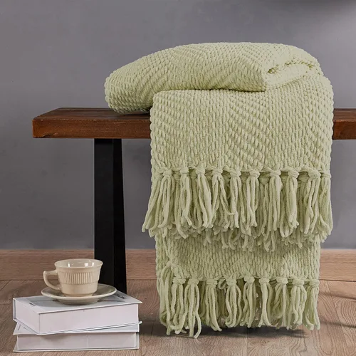 Vista 19 de Manta para sofá, funda de sofá suave de punto texturizado, manta de tweed con borlas de flecos para decoración del hogar, cama, sofá, silla, 50 x 60