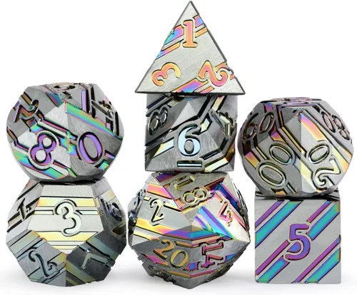 Vista 13 de DNDND - Juego de dados de rayas metálicas D&D, con estuche de regalo para Dungeons and Dragons DND (chapado en níquel con rayas azules)