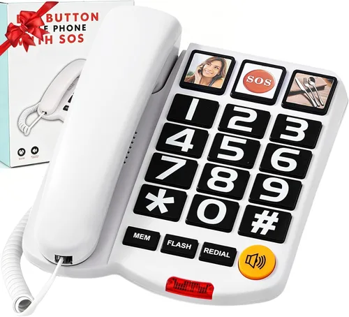 Vista 9 de Teléfono con Cable de Botón Grande para el Hogar con Timbre Fuerte de 110dB, Marcación Rápida de 3 Fotos, Altavoz y Control de Volumen. Fácil
