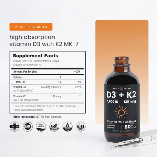 Vista 2 de NutraChamps Gotas de vitamina D3 K2, vitamina líquida D3 5000 UI y K2 D3 con MK7, gotas de vitamina D para niños, huesos, salud cardíaca e