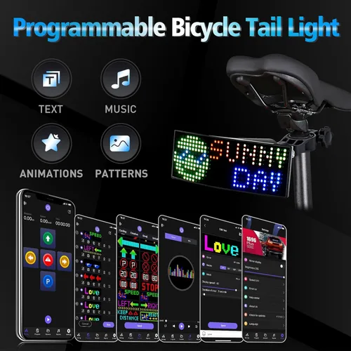Vista 2 de GOTUS Luz trasera LED programable para bicicleta, luz trasera para bicicleta, con velocímetro y aplicación, texto personalizado, patrones, pantalla