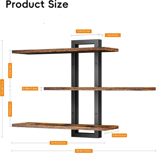 Vista 3 de Homode Estantes flotantes para pared, estantes de pared de madera para baño, estantes de 3 niveles para decoración de pared, estante de Marrón
