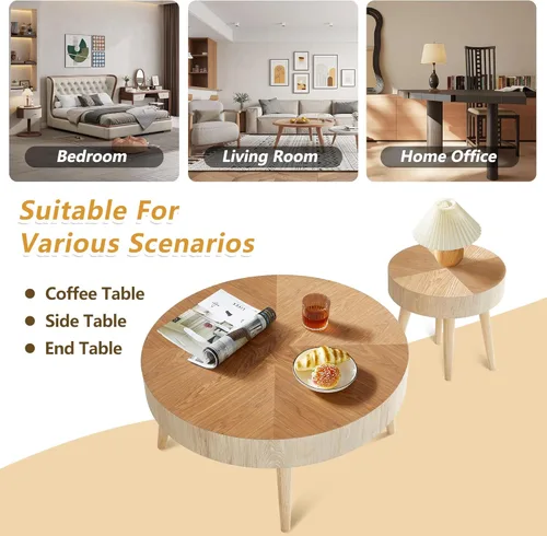 Vista 7 de Juego de 2 mesas auxiliares redondas de granja, mesas auxiliares rústicas para sofá con acabado de madera, juego de mesa auxiliar anidable para sala