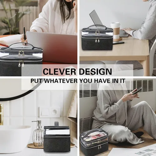 Vista 3 de Hoopet Bolsa de maquillaje de doble capa, bolsas de cosméticos de gran capacidad, transparente, impermeable, portátil, bolsa de almacenamiento