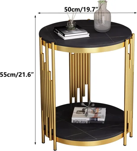 Vista 2 de Mesa auxiliar redonda moderna con parte superior de mármol sintético y marco de metal, mesa auxiliar de 2 niveles para sala de estar, dormitorio