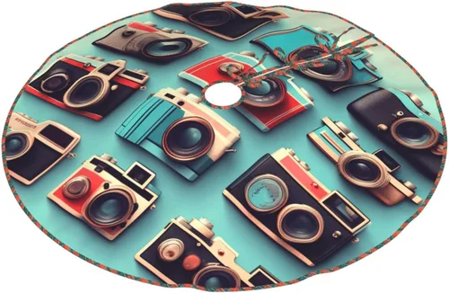 Vista 2 de Retro Cool Camera Collection Print Christmas Scalloped Tree Skirt, Farmhouse Style Tree Carpet for Xmas Indoor Holiday Decor