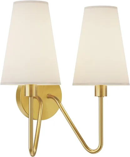 Vista 2 de Electro bp; Apliques de Pared Clásicos de Doble Cabeza con 2 Luces, Accesorio de Iluminación Dorado Pulido con Pantallas de Lámpara de Tela de Lino