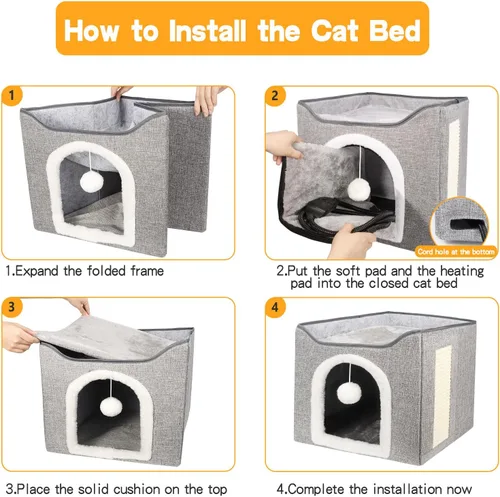 Vista 5 de Cama Calentada para Gatos de Interior, Casa Plegable para Gatos con Almohadilla de Calefacción Desmontable para Gatos, Cama Cubierta para Perros