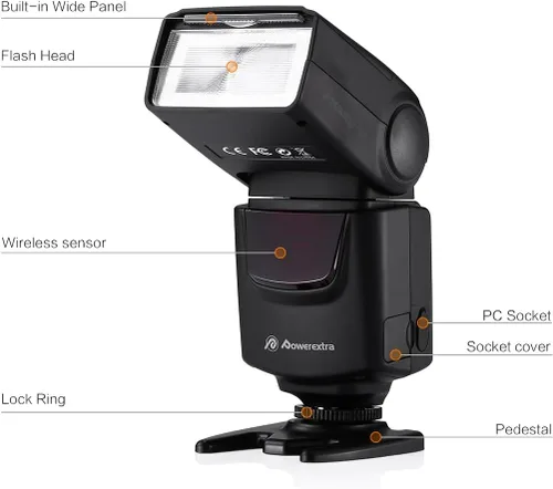 Vista 2 de Powerextra Flash de cámara Speedlite DF-400 profesional para Canon Nikon Pentax Samsung Fujifilm Olympus Panasonic Sigma Minolta Leica Ricoh Cámaras