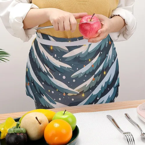 Vista 4 de Server Aprons with 3 Pockets Waist Apron Waterproof Half Apron Winter Pine Plants Short Cooking Aprons Bib