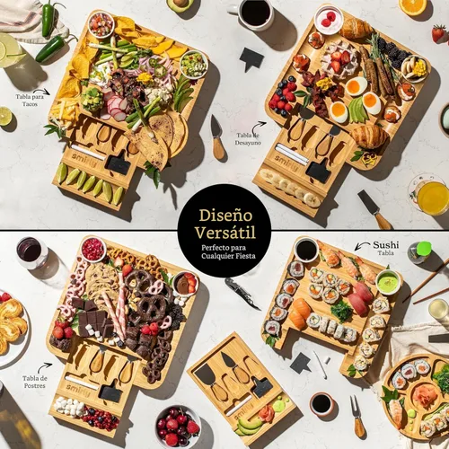Vista 8 de SMIRLY Charcutería - Juego de tablas de queso de bambú grande para servir, regalos de inauguración de la casa para el nuevo hogar, boda, despedida