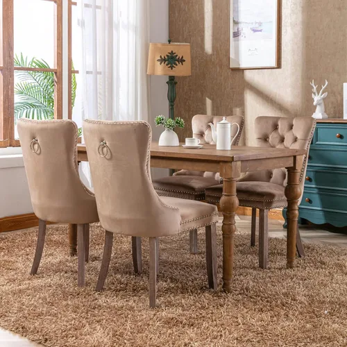 Vista 10 de ODUSE-DAILY - Juego de 2 sillas de cocina y comedor de terciopelo beige, con capitoné, tapizadas en terciopelo, estructura de madera maciza