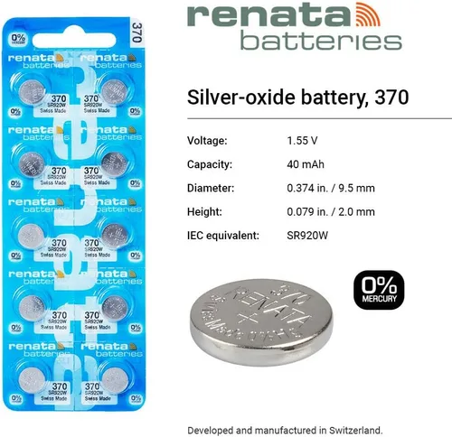 Vista 2 de Renata 370 SR920W Baterías – 1.55 V Óxido de Plata 370 Batería de reloj (2 unidades)