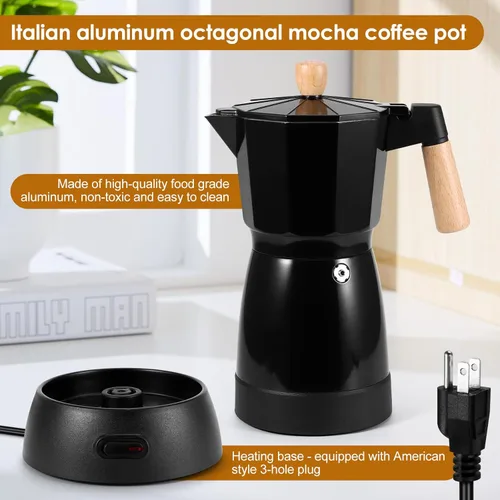 Vista 4 de Cafetera eléctrica de café expreso, cafetera de 6 tazas con base desmontable, portátil de aluminio italiano, moka moka eléctrica para el hogar