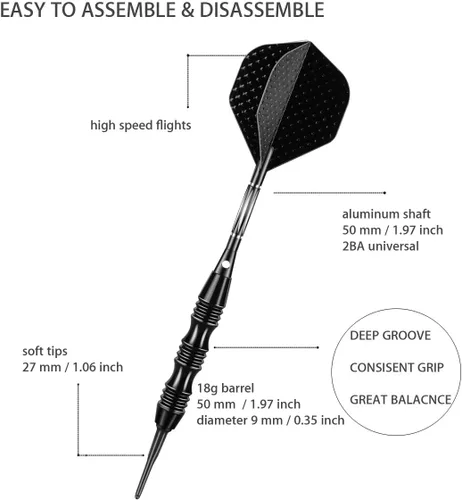 Vista 2 de Juego de dardos profesionales de punta suave de 20 gramos - 50 anillos de goma O-Rings + 30 dardos con punta de plástico + ejes de aluminio + 6