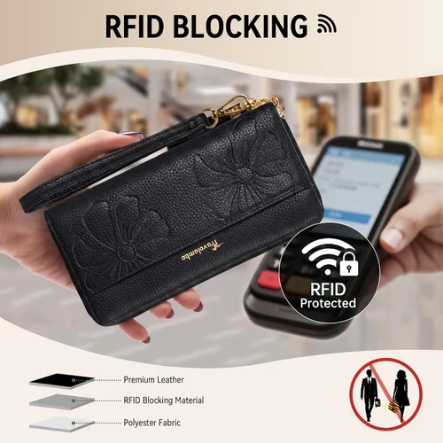 Vista 3 de Carteras con borla Travelambo para mujer, plegable, pulsera, cartera larga negro (A01 Black)