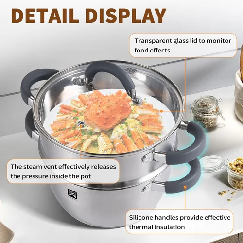 Vista 4 de GOLDEN KEY Olla de vapor de 3.2 cuartos de galón con tapa, acero inoxidable 18/8 de 2 niveles, multiusos, con cesta de vapor para verduras, apta