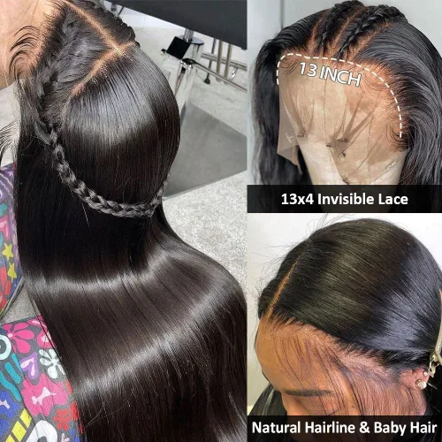 Vista 26 de Hermosa - Pelucas de cabello humano lacio de 13 x 4 para mujeres negras, 9A, densidad del 150 %, peluca de encaje frontal de 26 pulgadas, cabello