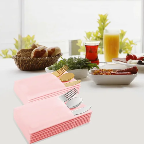 Vista 4 de Servilletas desechables de color rosa, paquete de 50 servilletas de papel de tacto de lino con bolsillo integrado para cubiertos, tela preplegada
