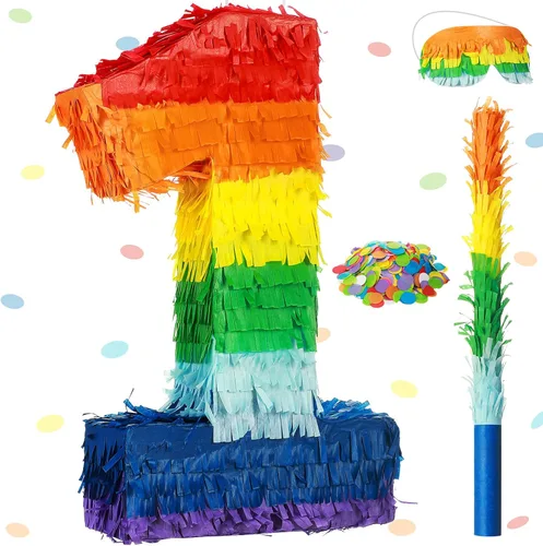 Vista 8 de Sratte Piñata de números arcoíris, piñata multicolor, pequeña fiesta de cumpleaños con palo y confeti para cumpleaños, aniversario, fiesta de Cinco