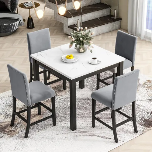 Vista 2 de Merax Juego de mesa de comedor para 4, mesa de comedor de altura de mostrador con mesa de comedor de mármol sintético y 4 sillas de asiento