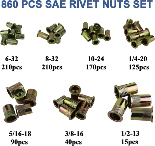 Vista 3 de TR TOOLROCK Kit surtido de 860 tuercas remachadoras SAE y kit de pistola de tuerca remachadora de 13 pulgadas, SAE UNC 6#-32 8#-32 10#-24 14"-20