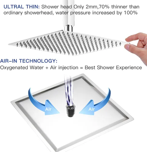 Vista 4 de BWE Grifo de ducha cromado de 12 pulgadas, cuadrado de lujo, mezclador de lluvia, juego completo de 2 funciones, equilibrio de presión, montaje