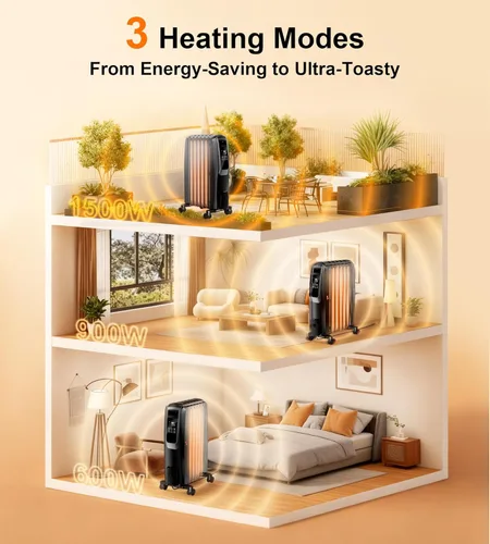 Vista 3 de Oil Filled Radiator Heater, 1500W Electric Heater with Thermostat, Space Heaters for Large RoomHeaters with ECO Mode, 24H Timer, Tip-over & Overheat
