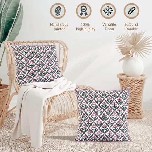 Vista 4 de Ridhi Fundas de almohada de algodón con estampado de bloques para almohadas decorativas para sala de estar, elegantes y bohemias, bonitas fundas