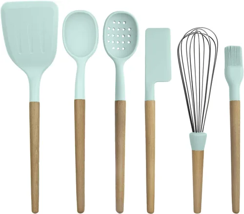 Vista 13 de Country Kitchen Juego de utensilios de silicona antiadherente con asas redondeadas de madera para cocinar y hornear, juego de 8 piezas, caqui