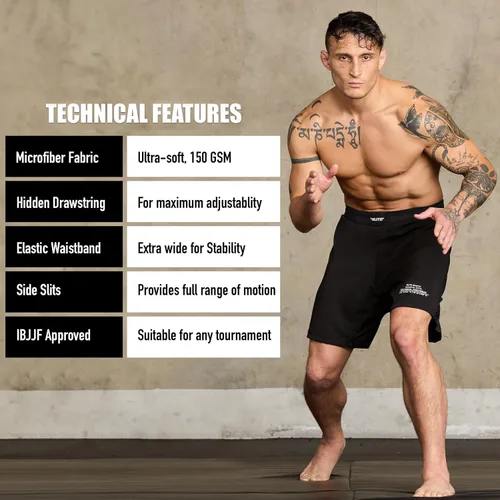 Vista 5 de Elite Sports - Shorts de combate para hombre, color negro, para combates MMA, BJJ, Jiu Jitsu