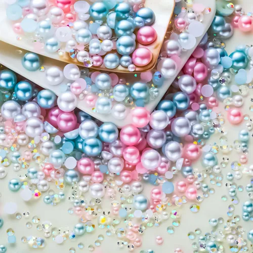 Vista 65 de 60g Perlas de Plata Gris y Diamantes de Imitación para Manualidades Tamaño Mixto 3mm-10mm Color AB Perlas Redondas Mitad Planas y Diamantes