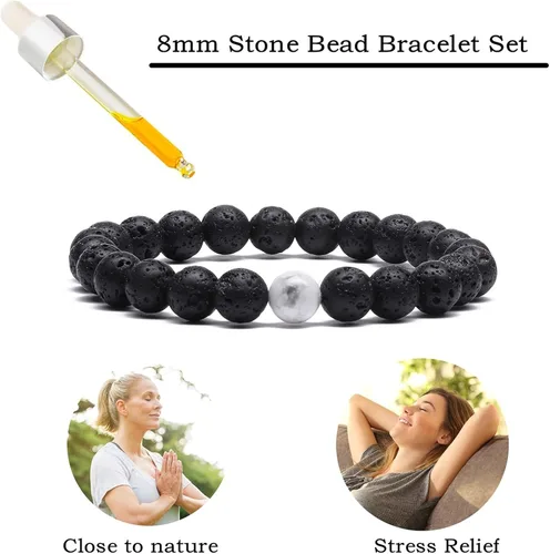 Vista 3 de MengPa - Pulseras de cuentas con cuentas de piedra volcánica mate y roca de lava, elástica, para hombre y mujer, Anxiety Volcanic