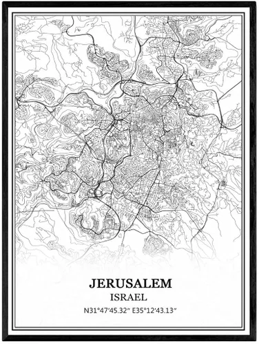 Arte de la pared del mapa de Jerusalén Israel Impresión en lienzo Póster de arte sin marco moderno blanco y negro mapa recuerdo regalo decoración