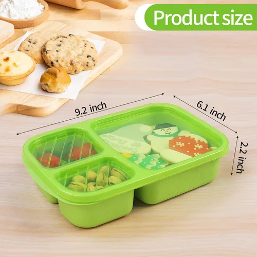 Vista 2 de buluker Juego de 4 Cajas de Almuerzo Bento de 3 Compartimentos de Paja de Trigo para Preparación de Comidas, Recipientes de Almacenamiento
