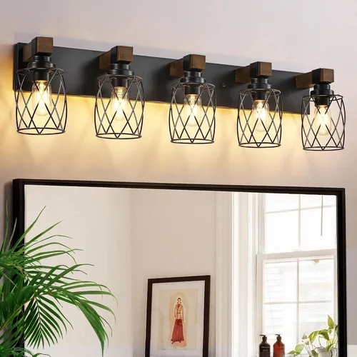 Vista 10 de Luz de Tocador de Baño Estilo Granja, Lámpara de Baño de Madera de 3 Luces para Sobre el Espejo, Luces de Tocador Industriales Negras con Pantalla