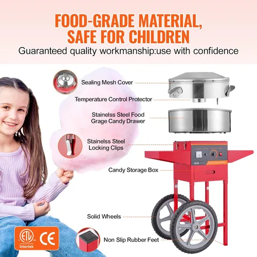 Vista 37 de VEVOR - Máquina eléctrica para hacer algodón de azúcar con carro, máquina comercial para hacer caramelo de 1000W con tazón de acero inoxidable