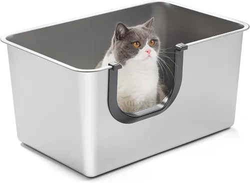 Yangbaga Caja de arena extra grande de acero inoxidable, a prueba de fugas, 12 pulgadas de alto, para atrapar orina y basura, fácil entrada para