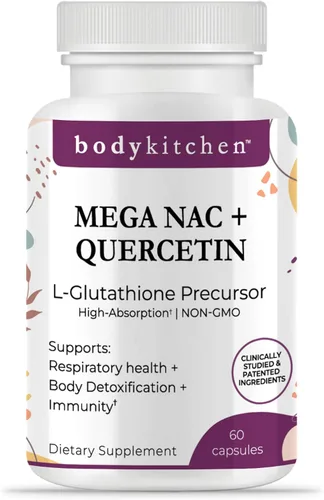 Body Kitchen Mega NAC (N-acetil cisteína) 600 mg con quercetina, apoya la salud respiratoria y la función inmune y promueve la desintoxicación