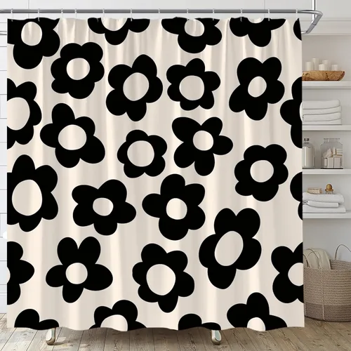 Cute Retro Flower Shower Curtain Groovy Vintage Floral Funky Hippie Pastel Black Beige Daisy Abstract Aesthetic Fabric Bathroom Curtain Set with