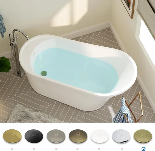 Vista 4 de FerdY Langkawi - Bañera independiente de acrílico de 59 pulgadas, bañera de remojo sola moderna blanca, certificado cUPC, drenaje dorado cepillado