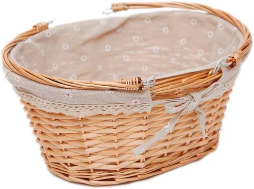 Vista 6 de OYPEIP Cesta de mimbre ovalada con asas dobles abatibles y forro extraíble, para regalos o picnic