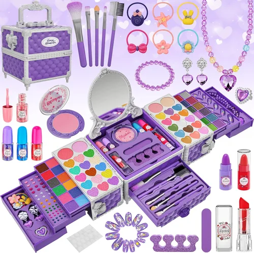 Vista 8 de Juego de 99 piezas de maquillaje para niñas, juguetes de princesa, juego de cosméticos lavables con espejo, lazos para el cabello, uñas, anillos