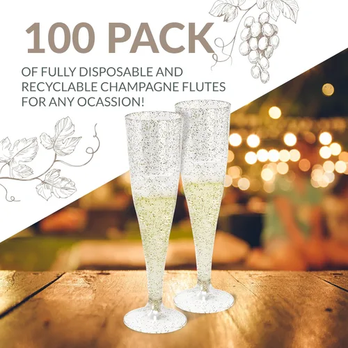 Vista 2 de Reli. Copas de champán de plástico Paquete de 100 4.5 onzas – Purpurina dorada Copas de champán de plástico premium Fiesta perfecta