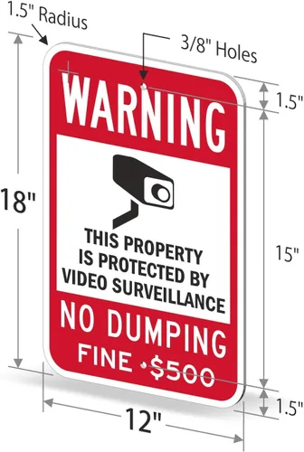 Vista 6 de SmartSign señal de seguridad, leyenda: "Warning: Video Surveillance No Dumping" en colores negro y rojo sobre blanco, 1