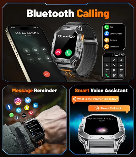 Vista 3 de LIGE - Reloj inteligente con batería de 1000 mAh, pantalla táctil completa AMOLED de 5,4 cm, relojes inteligentes militares para hombre con función